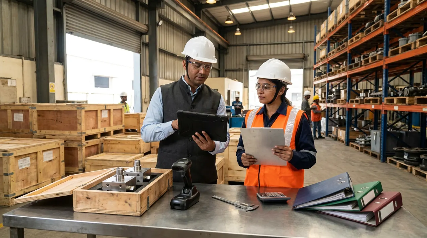 Two manufacturing import-procurement and receiving leads in white hard hats, clear safety glasses, a charcoal vest, and an orange reflective vest holding a black rugged tablet and an aluminium clipboard beside a stainless-steel workbench with an open wooden crate of two machined steel hydraulic manifolds, a docked barcode scanner, a vernier caliper, a desktop calculator, and navy, green, and burgundy binders.