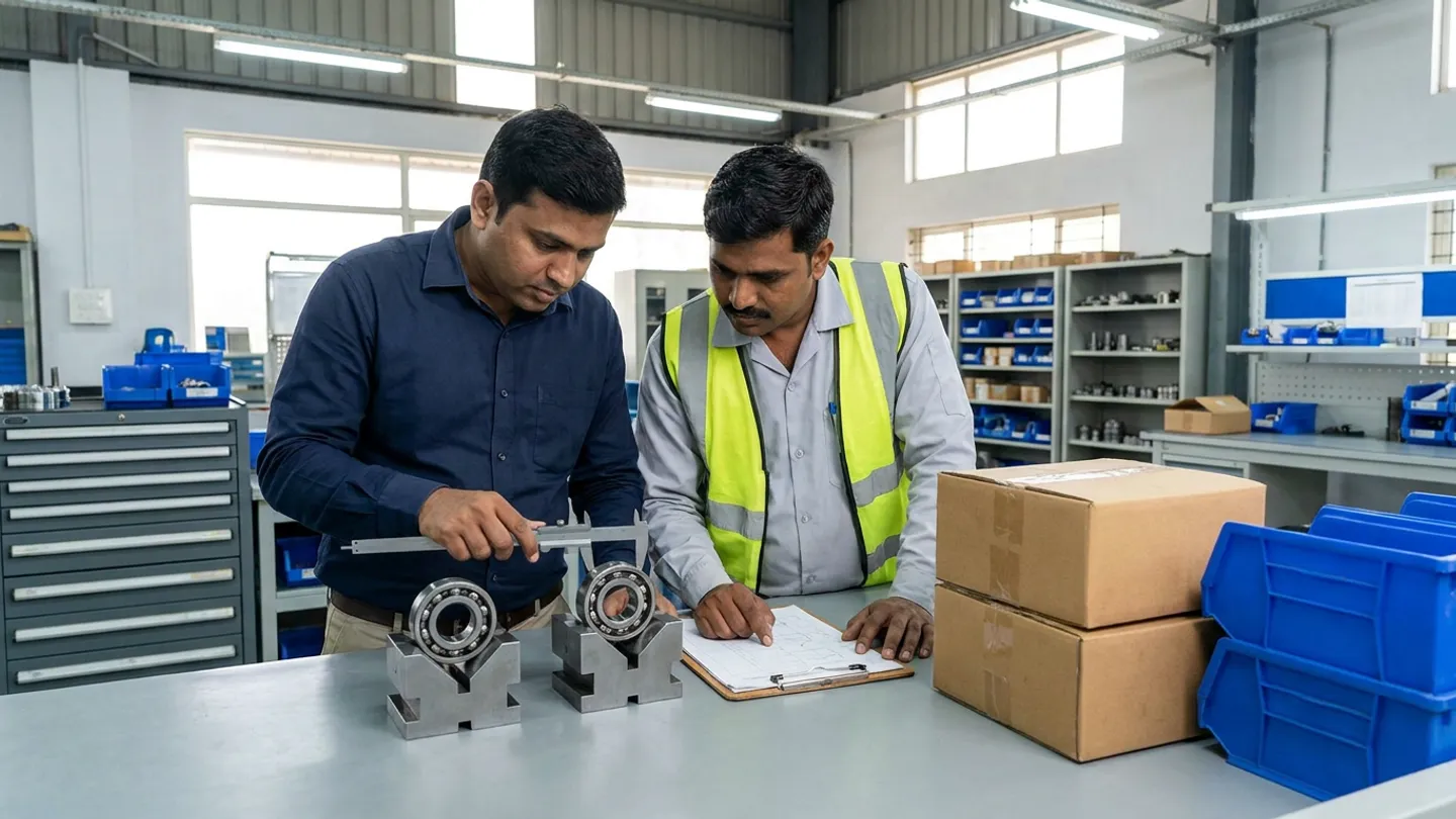 Two manufacturing staff comparing bearing components with a vernier caliper and a paper record at a workbench beside unmarked cartons and blue parts bins.