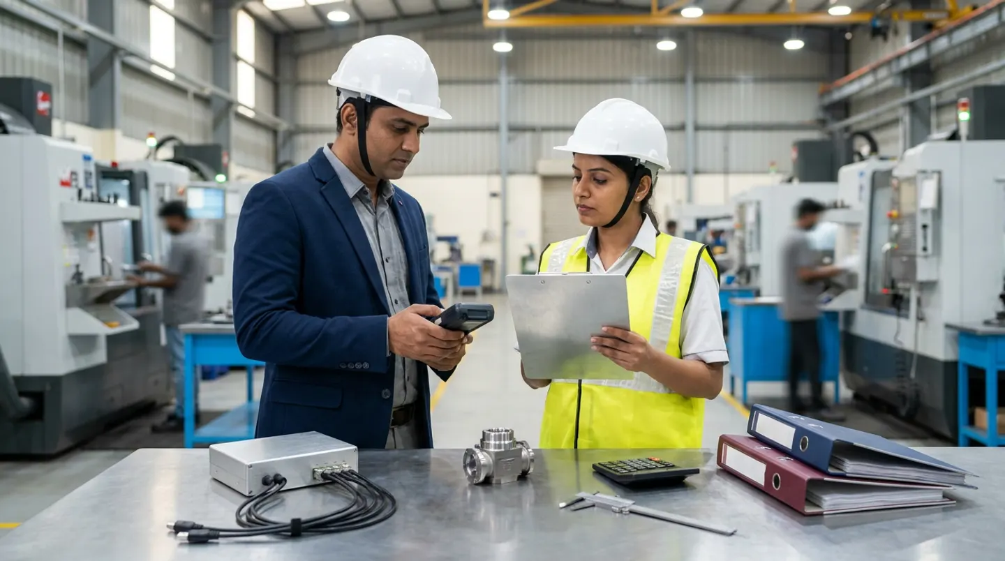 Two manufacturing systems and cost engineers in white hard hats, a navy blazer, and a yellow reflective vest holding a handheld barcode data terminal and an aluminium clipboard beside a steel shop-floor desk with a brushed-aluminium edge-gateway box and black patch cables, a machined steel valve body, a desktop calculator, a vernier caliper, and navy and burgundy binders.
