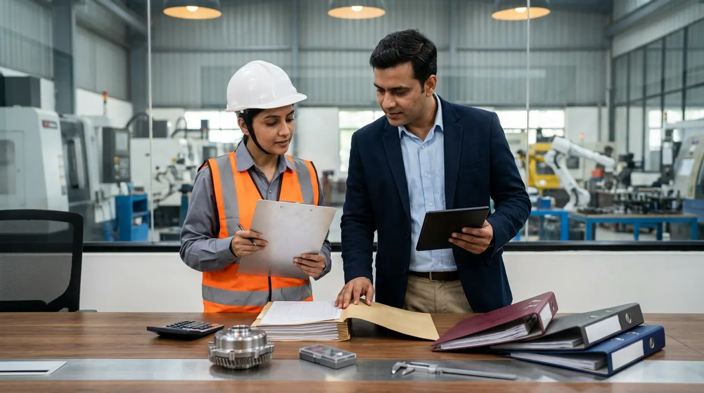 Two manufacturing engineering and cost-control leads in a white hard hat, an orange reflective vest, and a navy blazer holding a ruled clipboard and a black digital tablet beside a walnut and steel table with a black calculator, a machined steel gear housing, a case of cutting inserts, a vernier caliper, and burgundy, charcoal, and navy binders.