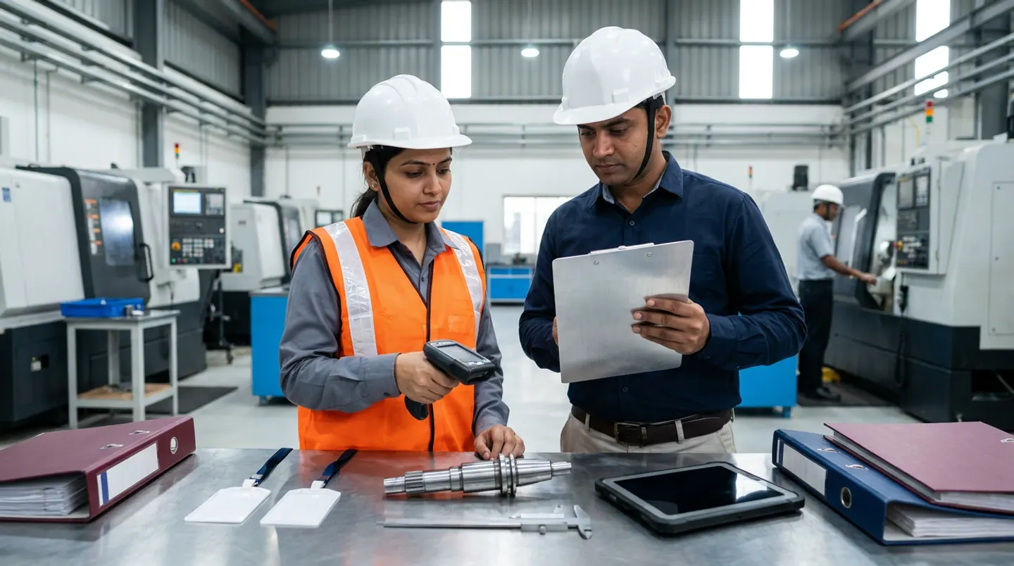 Two manufacturing industrial-engineering and production leads in white hard hats, an orange reflective vest, and a navy work shirt holding a black handheld barcode terminal and an aluminium clipboard beside a stainless-steel workbench with two white operator badges on navy lanyards, a machined steel splined shaft, a vernier caliper, a black rugged tablet, and burgundy and navy binders.