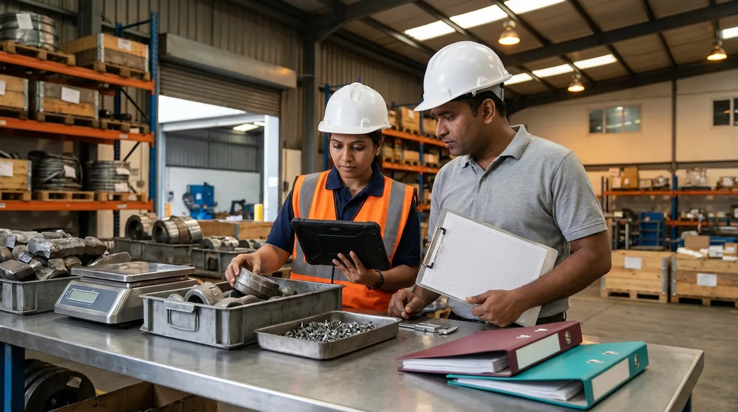 Two manufacturing stores and receiving leads in white hard hats, an orange reflective vest, and a grey polo shirt holding a black rugged digital tablet and a ruled clipboard beside a stainless-steel bench with metal totes of raw and machined steel forgings, a stainless bench scale, a tray of metal turnings, a vernier caliper, and burgundy and teal binders.