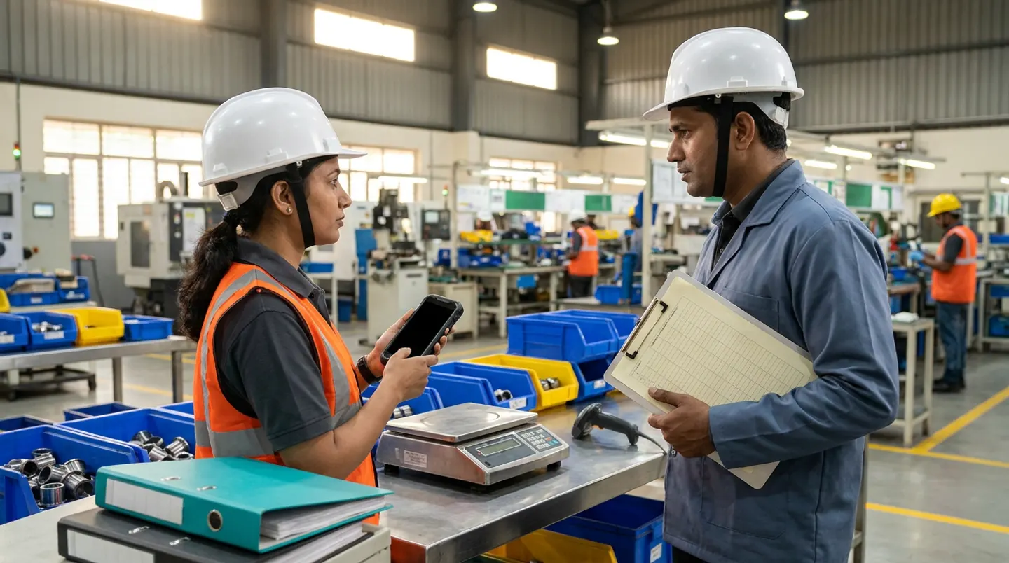 Two manufacturing inventory and assembly leads in white hard hats, an orange reflective vest, and a slate-blue work jacket holding a black rugged handheld terminal and a ruled clipboard beside a stainless-steel counting bench with teal and charcoal binders, a stainless parts-counting scale, a black barcode scanner, and blue and yellow component bins.
