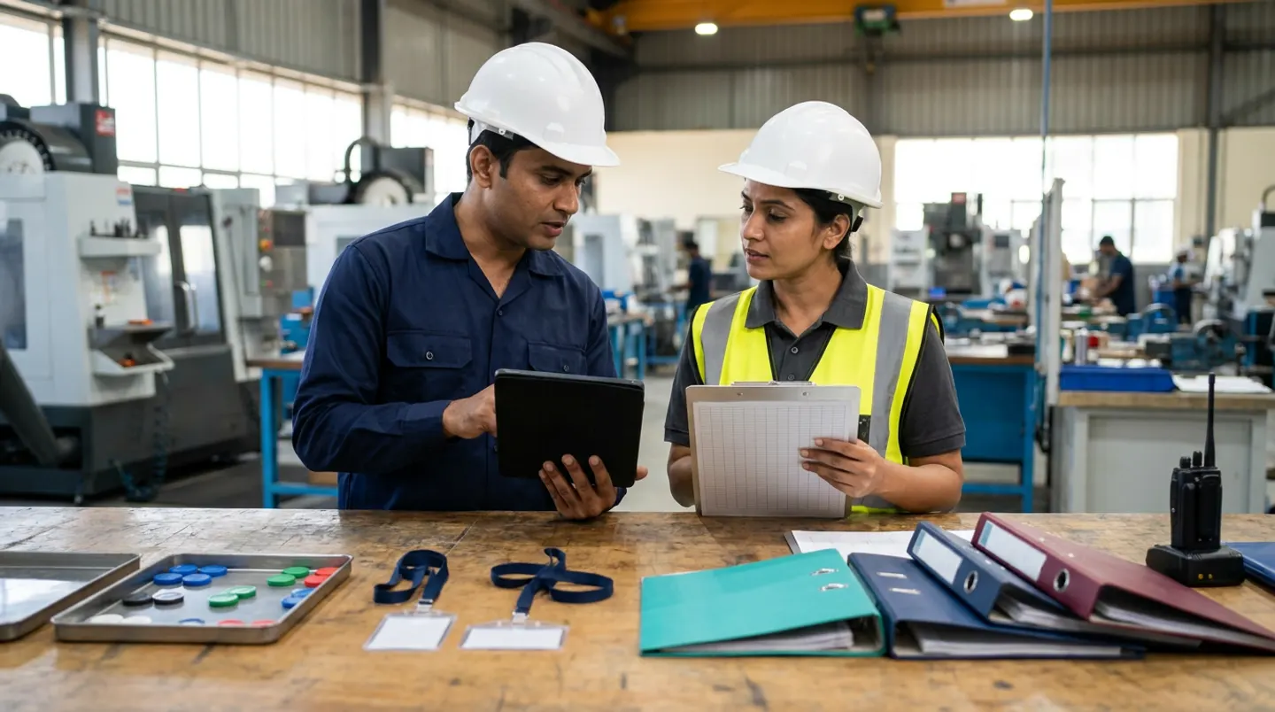 Two manufacturing operations and workforce training leads in white hard hats, a navy shirt, and a yellow reflective vest holding a black digital tablet and a ruled clipboard beside a wooden supervision table with a metal tray of colour-coded magnetic tokens, two navy badge lanyards, teal, navy, and burgundy binders, and a black two-way radio in its dock.
