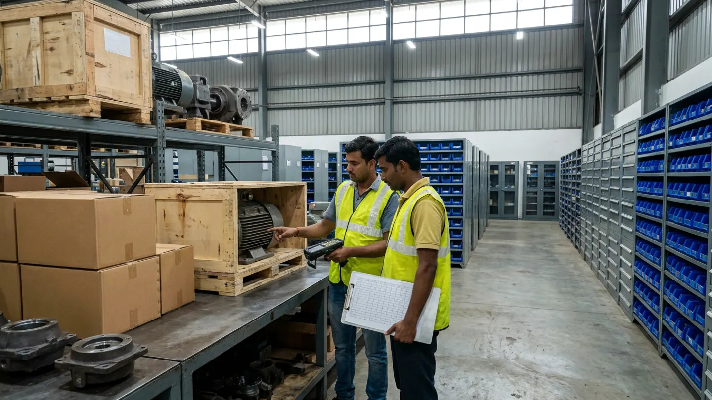 Two staff in reflective vests in a maintenance spares store, one holding a handheld terminal and pointing to a crated electric motor on a workbench beside cardboard cartons and metal housings, the other holding a ruled clipboard, with blue parts-bin shelving behind them.