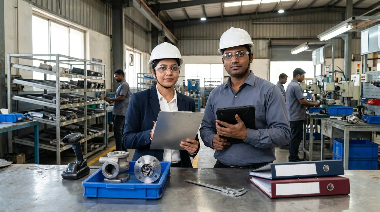 Two manufacturing production-scheduling and assembly leads in white hard hats, clear safety glasses, a navy blazer, and a slate-grey shirt holding an aluminium clipboard and a black rugged tablet beside a stainless-steel workbench with a docked barcode scanner, a blue tray holding a cast-steel valve body and a machined steel impeller flange, a vernier caliper, and navy and burgundy binders.