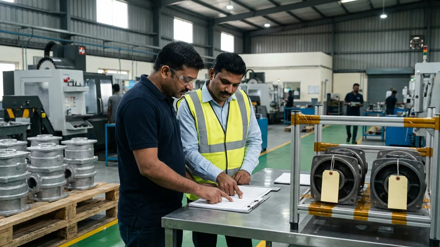 Two manufacturing staff reviewing a paper record beside metal castings and tagged housings on a workbench in a machining bay.