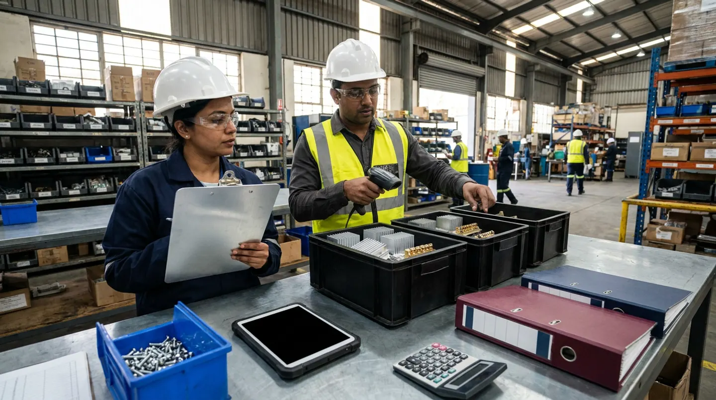 Two manufacturing planning and kitting leads in white hard hats, clear safety glasses, a yellow reflective vest, and navy and charcoal workwear holding an aluminium clipboard and a black barcode scanner over three black totes of aluminium heat sinks and brass terminal blocks beside a steel workbench with a blue bin of steel fasteners, a black rugged tablet, a desktop calculator, and burgundy and navy binders.