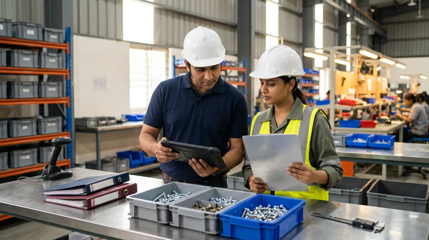 Two manufacturing planning and materials leads in white hard hats, a navy polo shirt, and a yellow reflective vest holding a black rugged digital tablet and a ruled clipboard beside a stainless-steel kitting counter with a black handheld scanner in its dock, navy and burgundy binders, grey and blue component bins with metal fasteners, and a vernier caliper.
