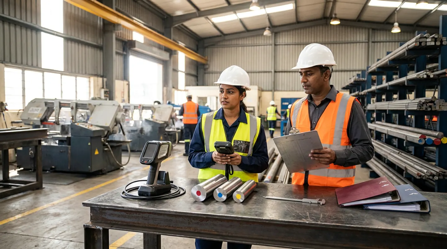 Two manufacturing metallurgical-quality and raw-material leads in white hard hats, a yellow reflective vest, and an orange reflective vest holding a black rugged barcode terminal and a ruled clipboard beside a steel inspection table with a handheld alloy analyzer in its dock, three cut steel round bars with colour-coded end marks, a vernier caliper, and burgundy and navy binders.