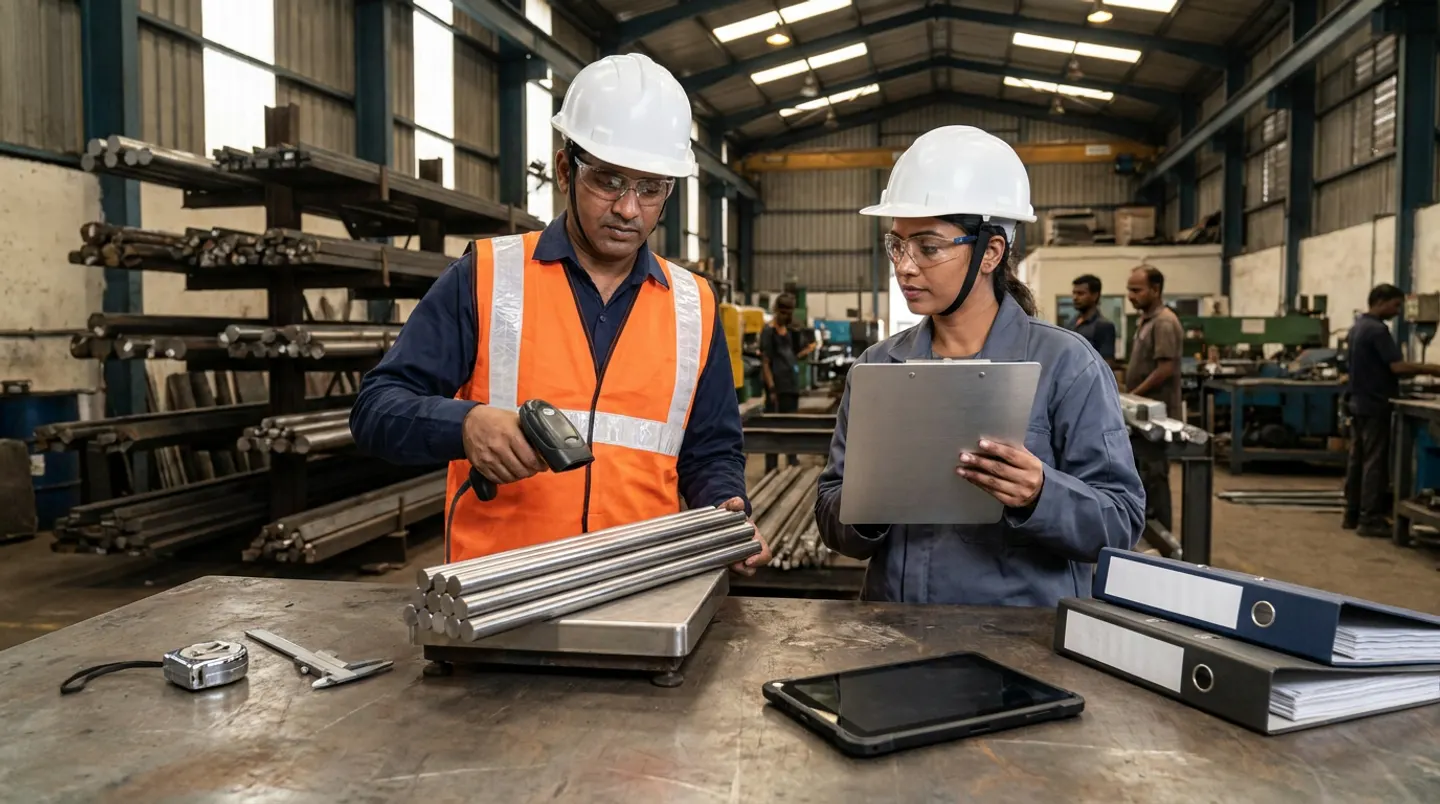 Two manufacturing raw-material and inventory leads in white hard hats, clear safety glasses, an orange reflective vest, and navy and slate-grey workwear holding a black barcode scanner over stainless-steel round bars on a weighing platter and an aluminium clipboard beside a steel workbench with a chrome tape measure, a vernier caliper, a black rugged tablet, and navy and charcoal binders.