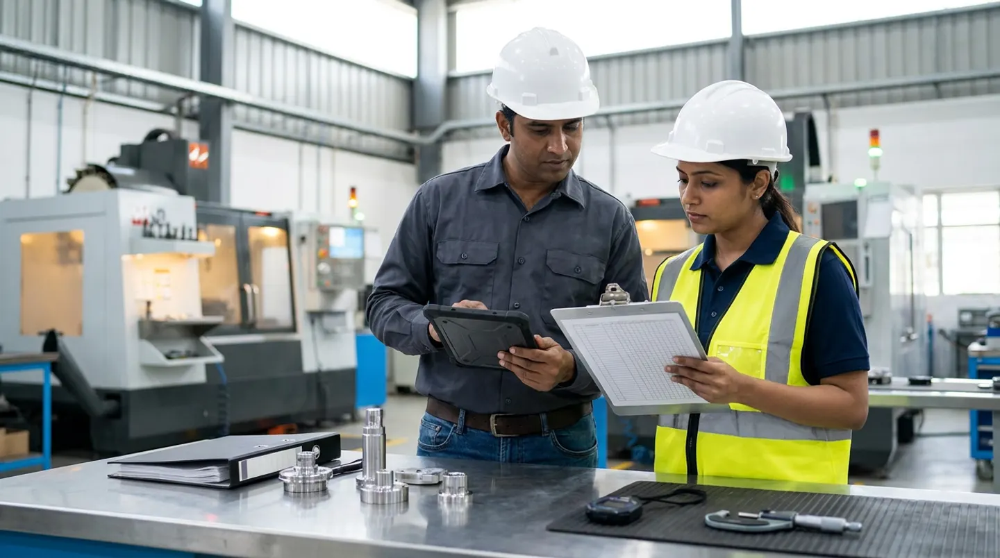 Two manufacturing engineering and production leads in white hard hats, a charcoal shirt, and a yellow reflective vest holding a black rugged digital tablet and a ruled clipboard beside a stainless-steel bench with a charcoal binder, machined stainless-steel cylindrical parts, a black stopwatch, and a micrometer in front of CNC machining centers.