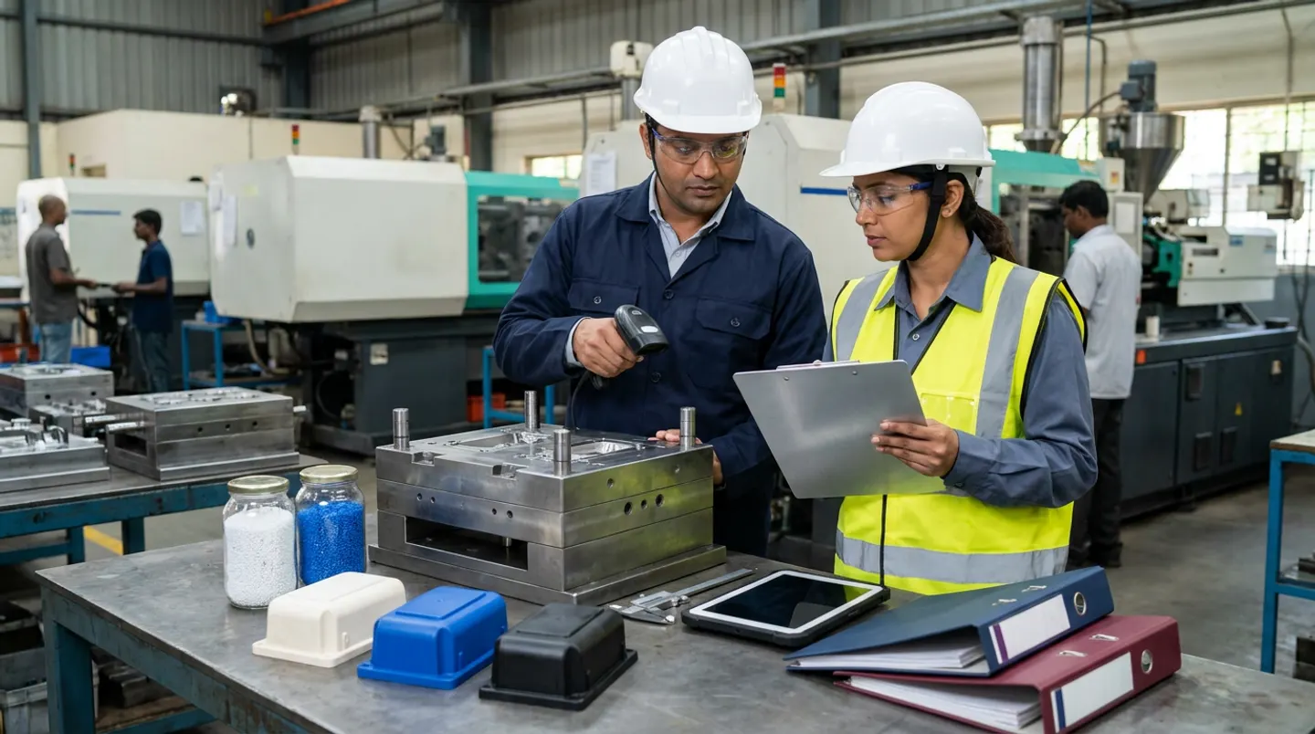 Two manufacturing moulding-shop and scheduling leads in white hard hats, clear safety glasses, a yellow reflective vest, and navy and slate-grey workwear holding a black barcode scanner over a steel injection-mould block and an aluminium clipboard beside a steel workbench with two jars of white and blue polymer pellets, three white, blue, and black moulded housings, a vernier caliper, a black rugged tablet, and navy and burgundy binders.
