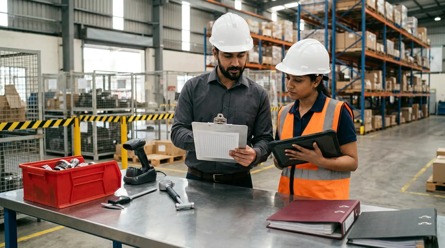Two manufacturing quality and quarantine leads in white hard hats, a charcoal work shirt, and an orange reflective vest holding an aluminium clipboard and a black rugged tablet beside a stainless-steel inspection table with a red plastic bin of machined metal parts, a black barcode scanner in its cradle, a vernier caliper, a bore gauge, and burgundy and black binders in front of yellow-and-black quarantine barriers and wire cages.