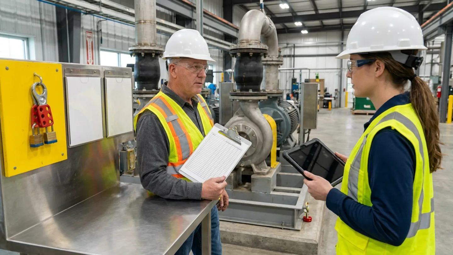 Two staff in white hard hats and reflective vests reviewing a ruled clipboard and tablet beside a process pump and a board holding padlocks and documents.