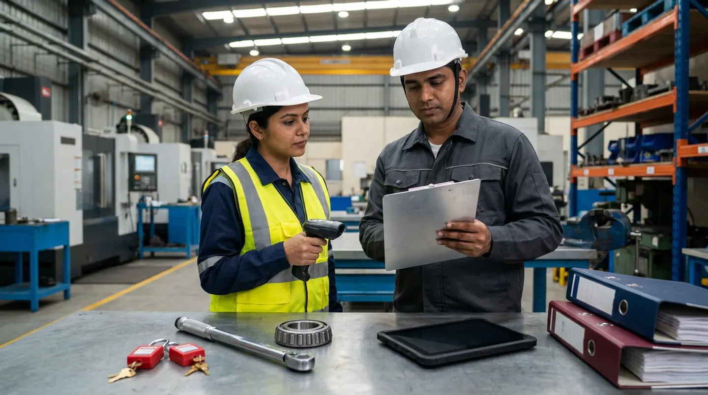 Two manufacturing maintenance and production-planning engineers in white hard hats, a yellow reflective vest, and a charcoal work jacket holding a black cordless barcode scanner and an aluminium clipboard beside a steel workbench with two red safety lockout padlocks and brass keys, a stainless torque wrench, a tapered roller bearing, a black rugged tablet, and navy and burgundy binders.