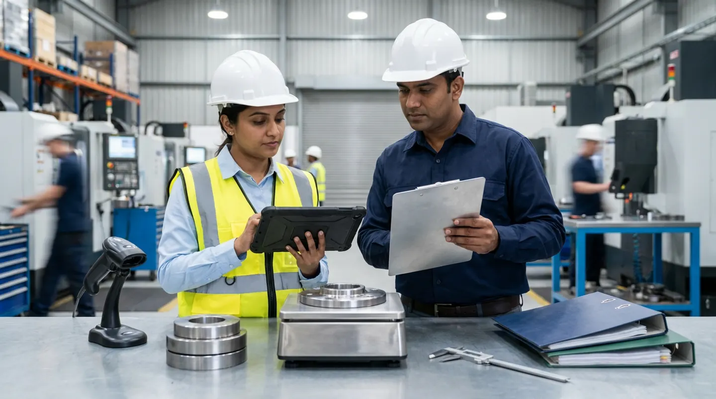 Two manufacturing cost-control and production engineers in white hard hats, a yellow reflective vest, and a navy work shirt holding a black rugged tablet and an aluminium clipboard beside a steel workbench with a black barcode scanner in its cradle, three stacked steel ring blanks, a stainless digital bench scale holding a machined steel flange, a vernier caliper, and navy and green binders.