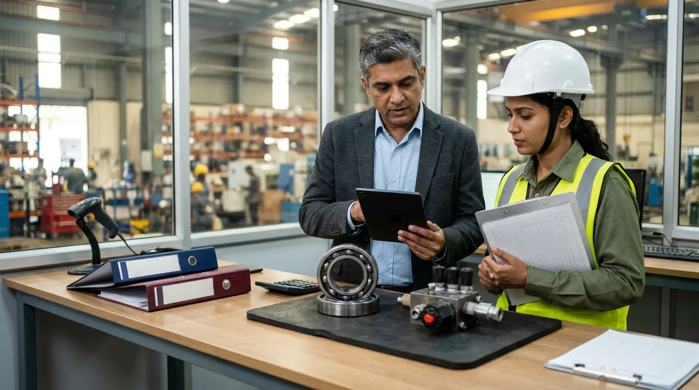 Two manufacturing procurement and maintenance stores leads in a charcoal blazer, a yellow reflective vest, and a white hard hat holding a black digital tablet and a ruled clipboard beside a wooden counter with a black handheld scanner in its stand, navy and burgundy binders, a black calculator, and a steel ball bearing and hydraulic manifold on a rubber mat.
