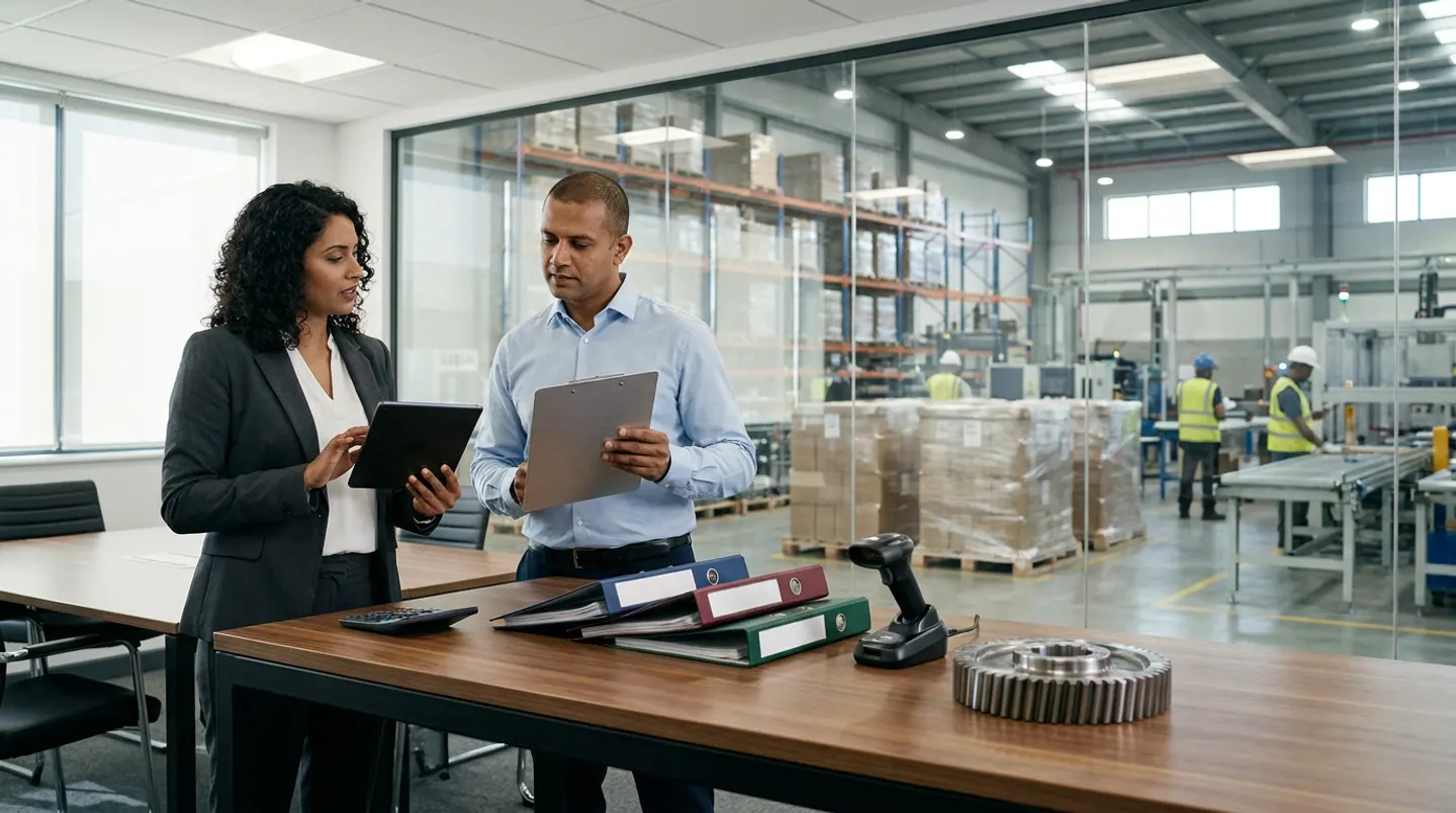 Two manufacturing commercial and finance leads in a charcoal blazer and a light-blue shirt holding a black digital tablet and an aluminium clipboard beside a walnut-and-steel conference table with a desktop calculator, navy, burgundy, and green binders, a wireless barcode scanner in its cradle, and a machined steel spur gear overlooking the factory dispatch floor through a glass partition.
