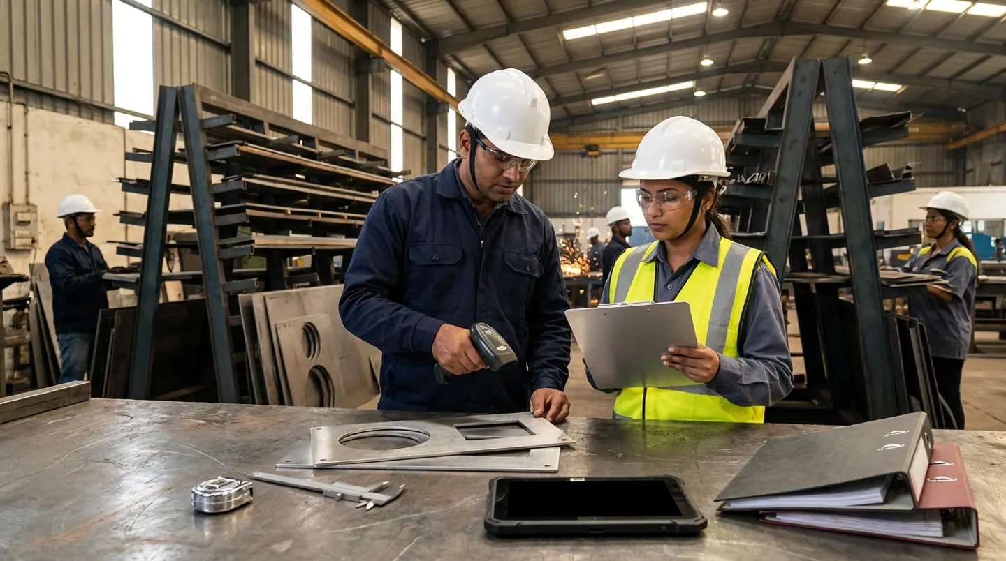 Two manufacturing fabrication and materials-planning leads in white hard hats, clear safety glasses, a yellow reflective vest, and navy and slate-grey workwear holding a black barcode scanner over two stainless-steel plate remnants with laser cutouts and an aluminium clipboard beside a steel workbench with a chrome tape measure, a vernier caliper, a black rugged tablet, and charcoal and burgundy binders.