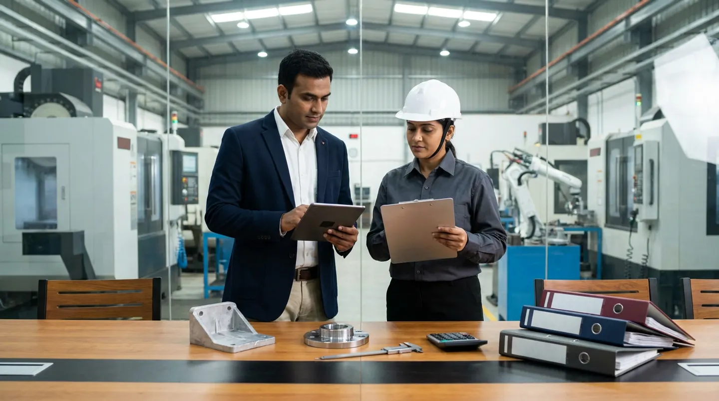 Two manufacturing sourcing and engineering leads in a navy blazer, a white hard hat, and a charcoal work shirt holding a black digital tablet and an aluminium clipboard beside a timber-and-steel table with a cast-aluminium bracket, a machined steel flange, a vernier caliper, a desktop calculator, and burgundy, navy, and charcoal binders overlooking CNC cells through a glass partition.