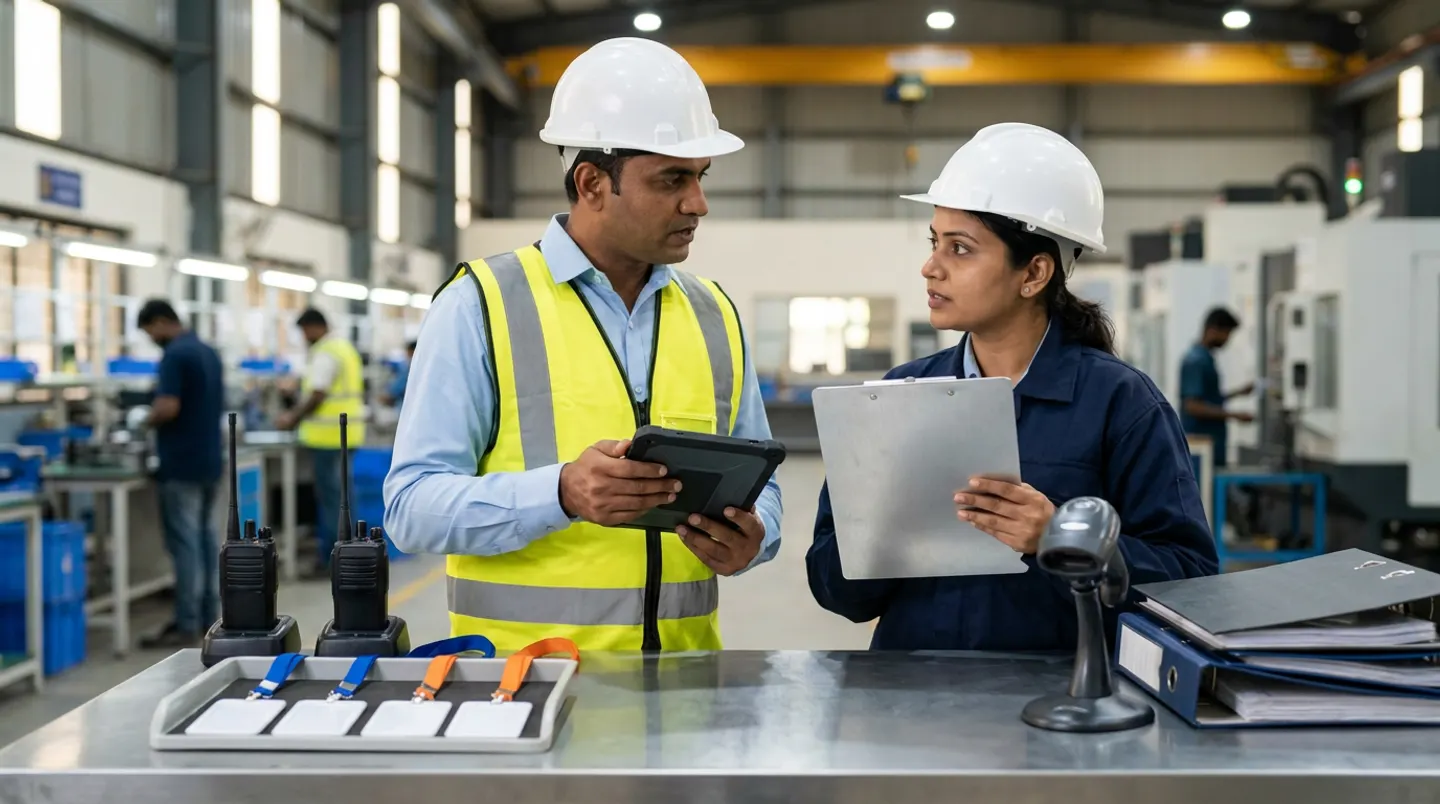 Two manufacturing production supervisors in white hard hats, a yellow reflective vest, and a navy work jacket holding a black rugged tablet and an aluminium clipboard beside a steel workstation with a tray of four white access cards on blue and orange lanyards, two black two-way radios in their docks, a wireless barcode scanner in its stand, and charcoal and navy binders.
