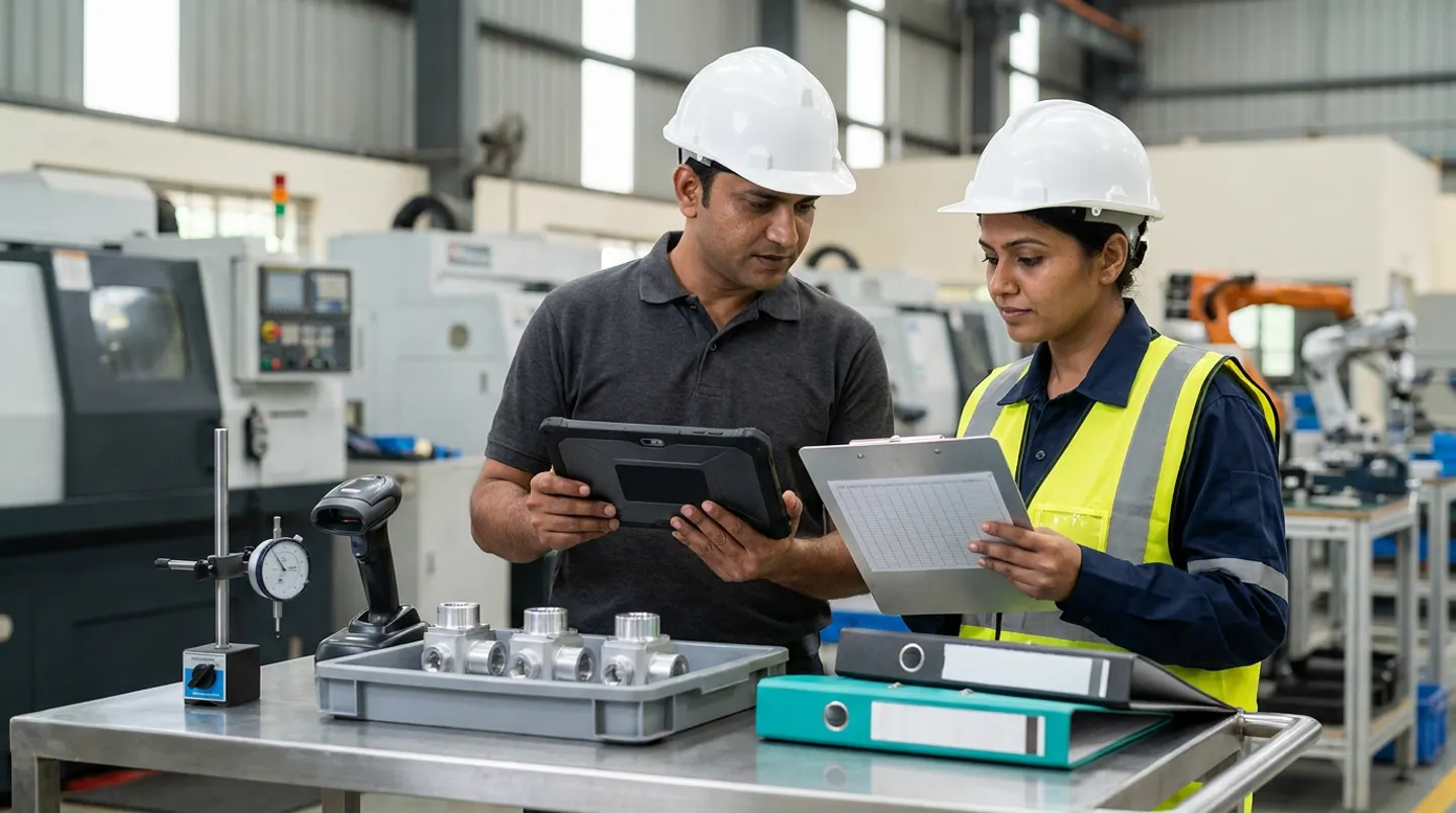 Two manufacturing engineering and cell-operations leads in white hard hats, a charcoal polo shirt, and a yellow reflective vest holding a black rugged digital tablet and a ruled clipboard beside a stainless-steel station with a dial indicator on a magnetic stand, a black handheld scanner in its dock, a grey tray of machined aluminium valve bodies, and charcoal and teal binders.