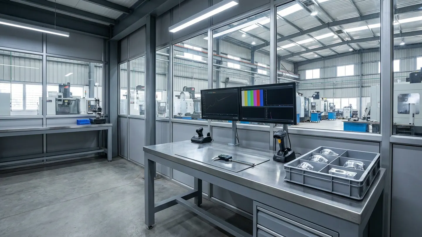 Glass-partitioned manufacturing inspection room with a stainless-steel workbench, digital caliper, handheld barcode scanners, divided parts tote with machined metal components and dual monitors overlooking a CNC machine shop floor.