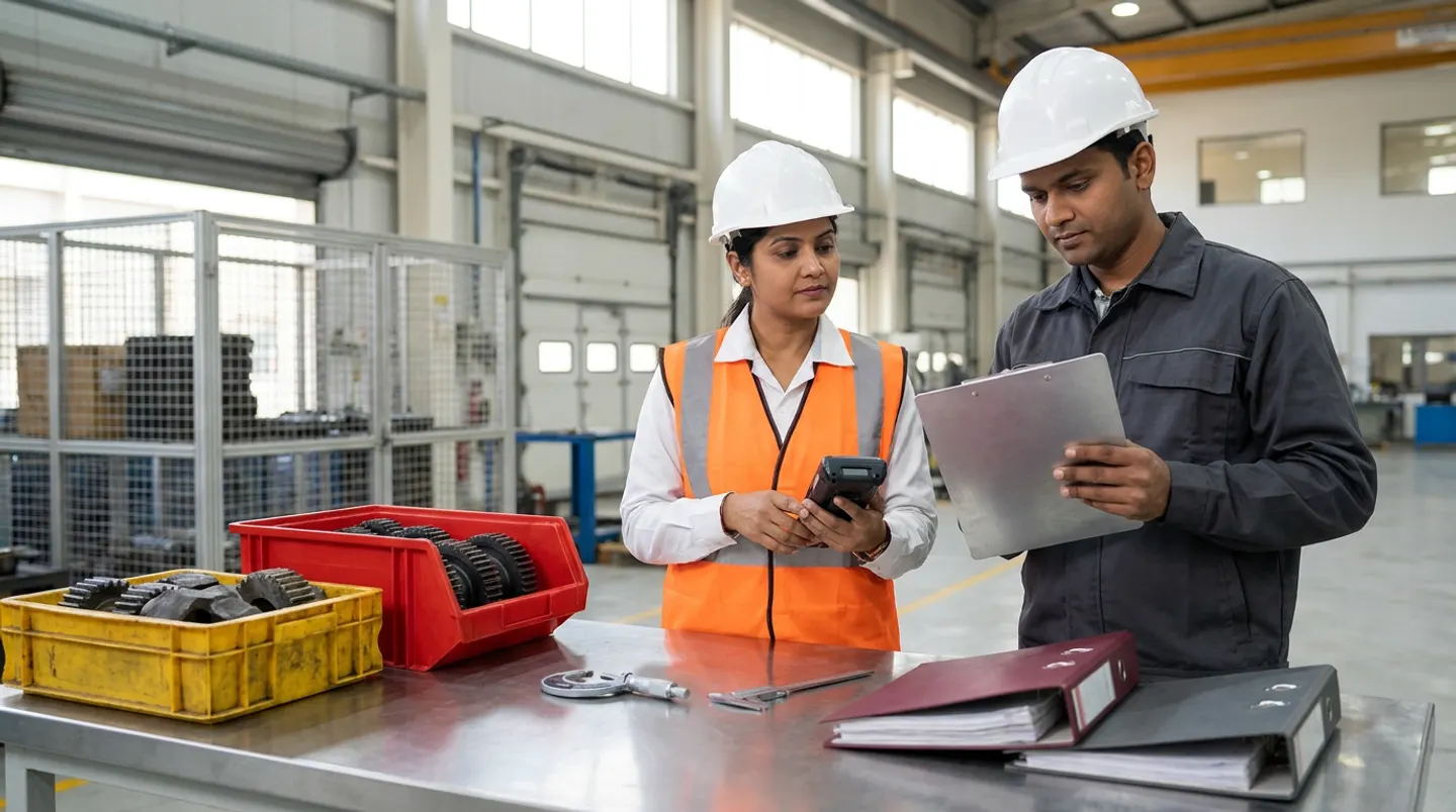 Two manufacturing subcontract-quality and materials-control leads in white hard hats, an orange reflective vest, and a charcoal work jacket holding a handheld barcode terminal and an aluminium clipboard beside a stainless-steel workbench with a yellow crate of forged gear blanks, a red quarantine bin of heat-treated steel gears, an outside micrometer, a vernier caliper, and burgundy and charcoal binders.
