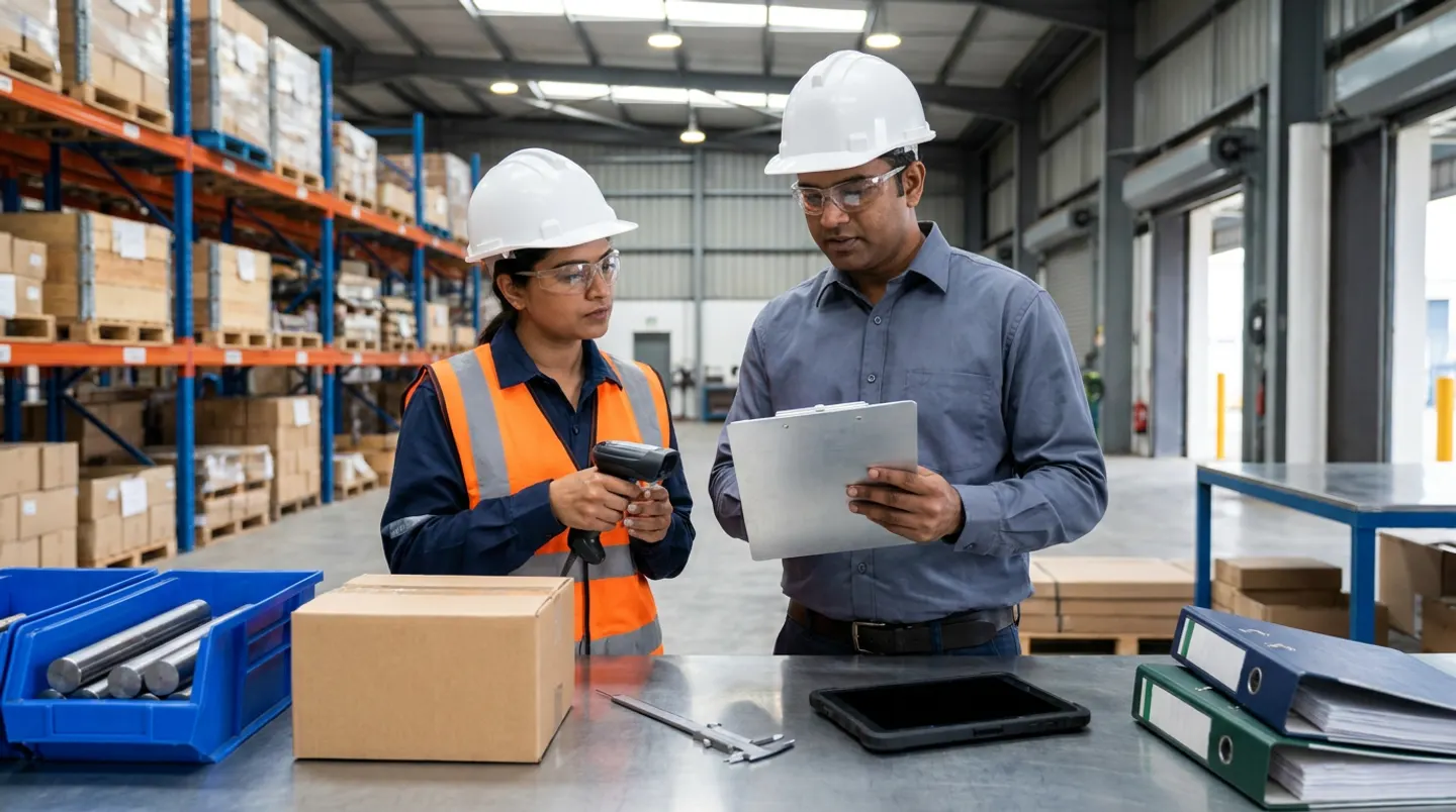 Two manufacturing materials-planning and receiving leads in white hard hats, clear safety glasses, an orange reflective vest, and a slate-grey shirt holding a black cordless barcode scanner and an aluminium clipboard beside a steel workbench with a blue bin of machined steel round bars, a brown corrugated carton, a vernier caliper, a black rugged tablet, and navy and green binders.