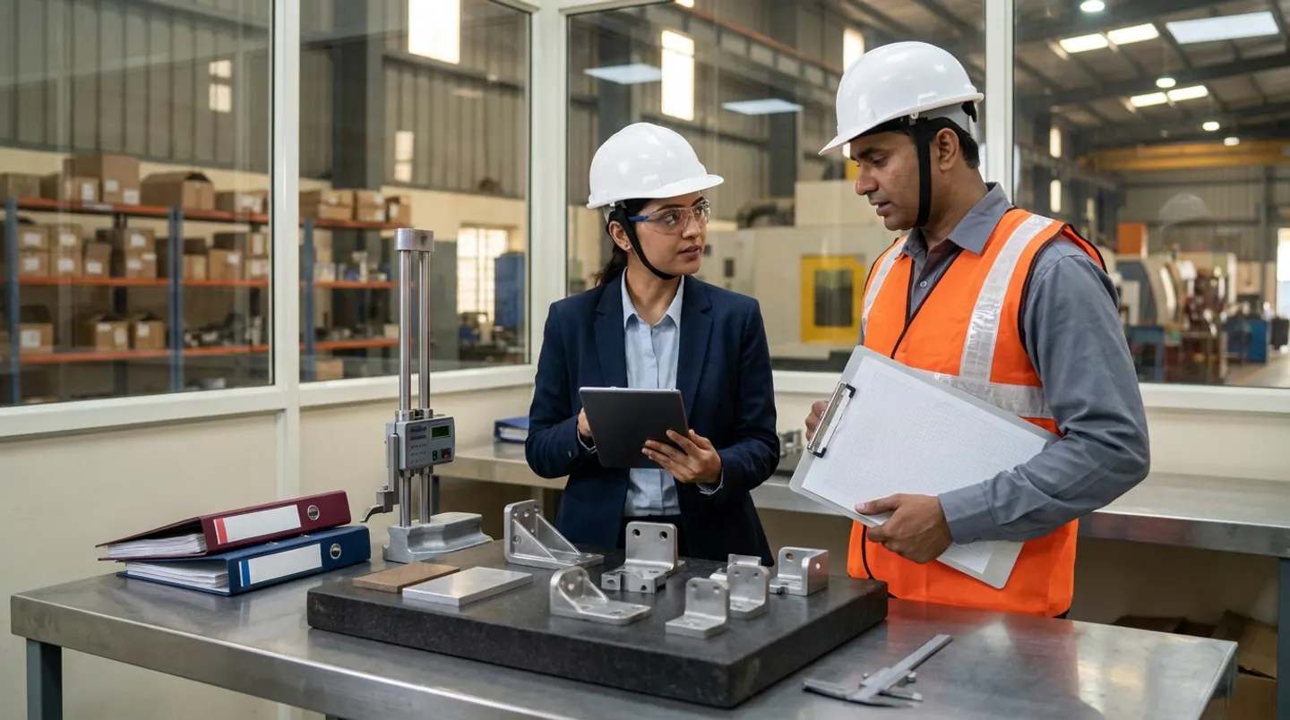 Two manufacturing supplier-quality and incoming-inspection leads in white hard hats, a navy blazer, and an orange reflective vest holding a black digital tablet and a ruled clipboard beside a stainless-steel bench with burgundy and navy binders, a height gauge, a black granite surface plate with machined metal brackets, and a vernier caliper.