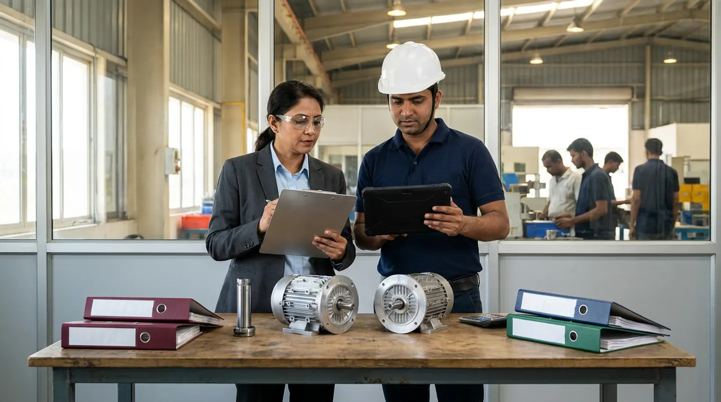 Two manufacturing supplier-development and incoming-quality leads in a charcoal blazer, clear safety glasses, a white hard hat, and a navy polo shirt holding an aluminium clipboard and a black rugged tablet beside a timber-and-steel table with two cast-aluminium motor housings, a stainless-steel plug gauge, a desktop calculator, and burgundy, navy, and green binders.