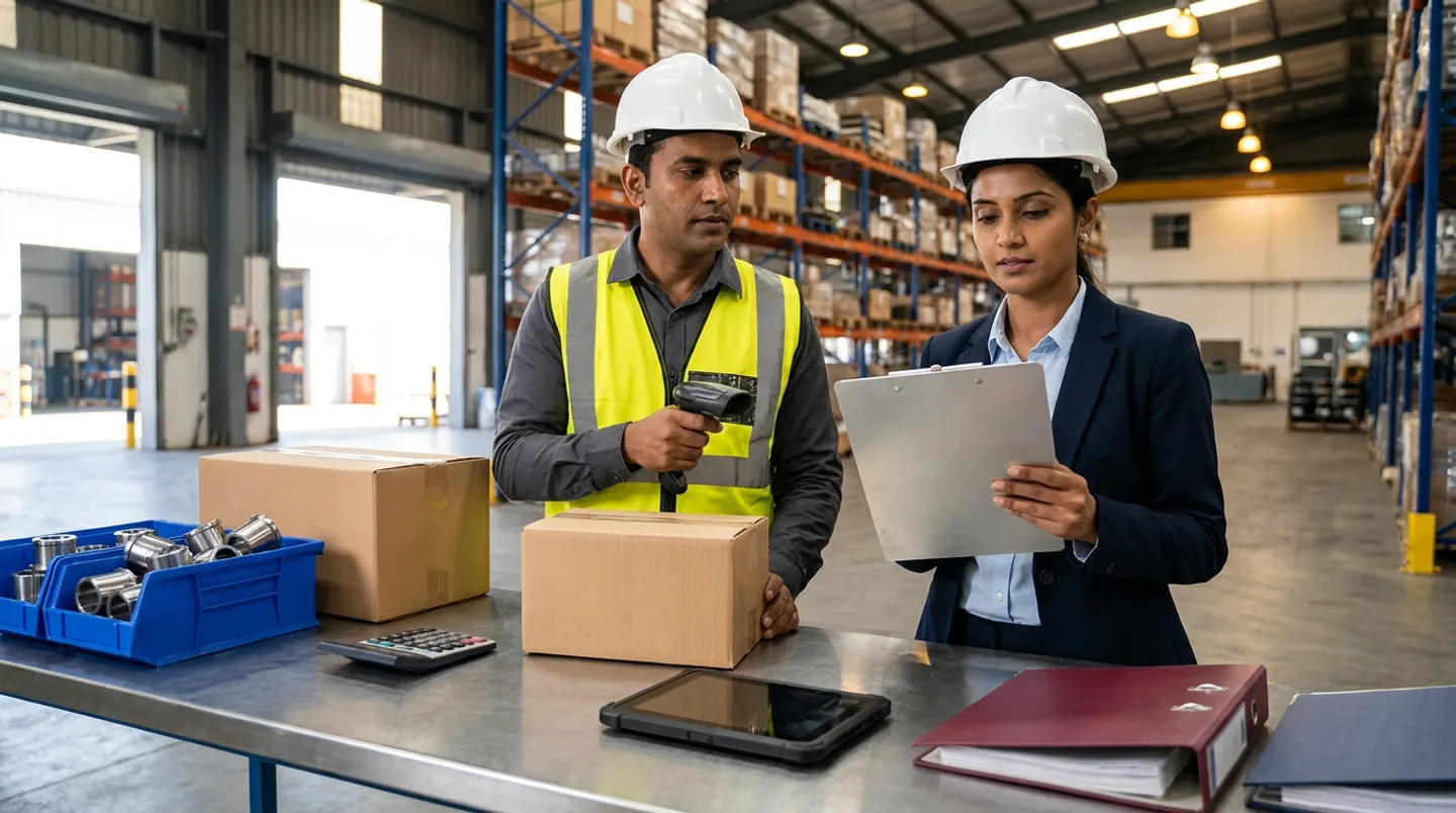 Two manufacturing receiving and finance specialists in white hard hats, a yellow reflective vest, and a navy blazer holding a black cordless barcode scanner over a brown delivery carton and an aluminium clipboard beside a stainless-steel counter with two brown corrugated cartons, two blue bins of machined stainless bushings, a desktop calculator, a black rugged tablet, and burgundy and navy binders.