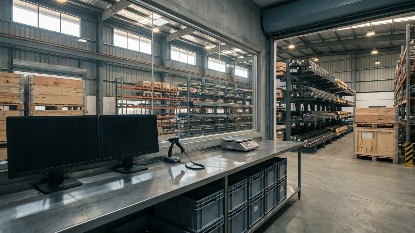 Brushed-steel receiving counter with dual monitors, a corded handheld barcode scanner, a digital bench scale and grey component totes overlooking a raw-material warehouse with steel cantilever racks and wooden crates.