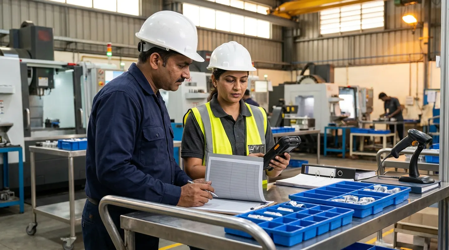 Two manufacturing machining and sub-assembly leads in white hard hats, a navy shirt, and a yellow reflective vest holding a ruled clipboard and a black rugged barcode terminal beside a stainless-steel wheeled handover cart with compartmentalised blue WIP trays of machined aluminium parts, a charcoal binder, and a black handheld scanner in its stand.