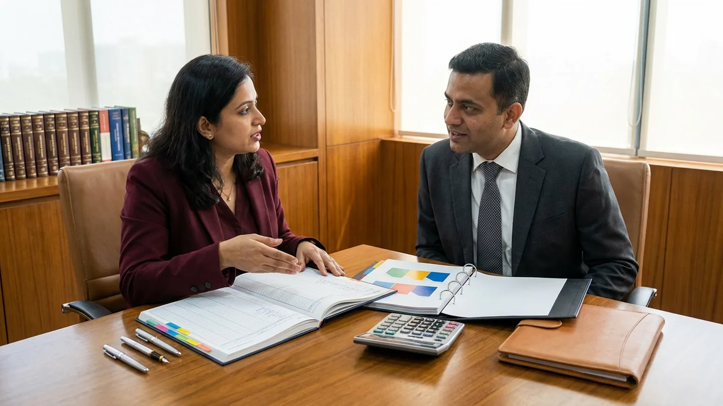 Indian female joint-venture finance controller in a burgundy blazer and male ERP finance architect in a charcoal suit seated at a walnut boardroom table before teakwood panelling and a credenza of bound volumes, reviewing an open hardbound operating-model and expenditure ledger alongside an open ring binder of cost-allocation fit-gap matrices, a desktop calculator with blank keys, a tan leather folio, and pens.