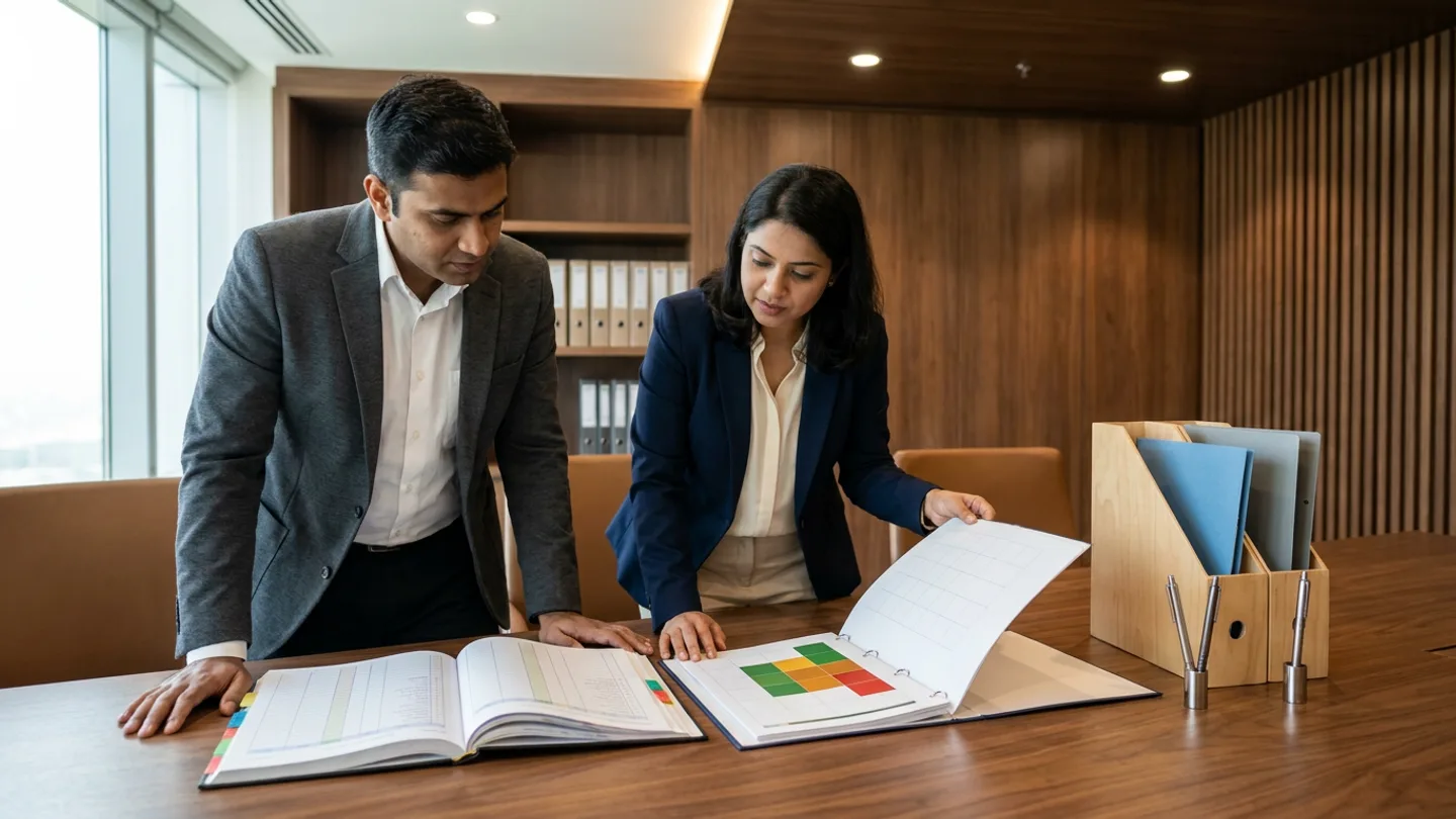 Indian male maintenance systems architect in a charcoal blazer over a white collared shirt and female ERP financial-controls lead in a navy blazer over a cream blouse standing at a wide warm walnut conference table before walnut shelving units with plain beige and grey binders and vertical timber wall slats, comparing an open hardbound CMMS-to-ERP transaction-ownership register with colour-coded index tabs against an open ring binder of work-order, material-reservation, and cost-settlement boundary matrices with green, amber, and red status blocks alongside a two-slot wooden document organizer separating blue maintenance-execution dossier folders from grey financial-posting folders, and pens in stainless-steel holders.