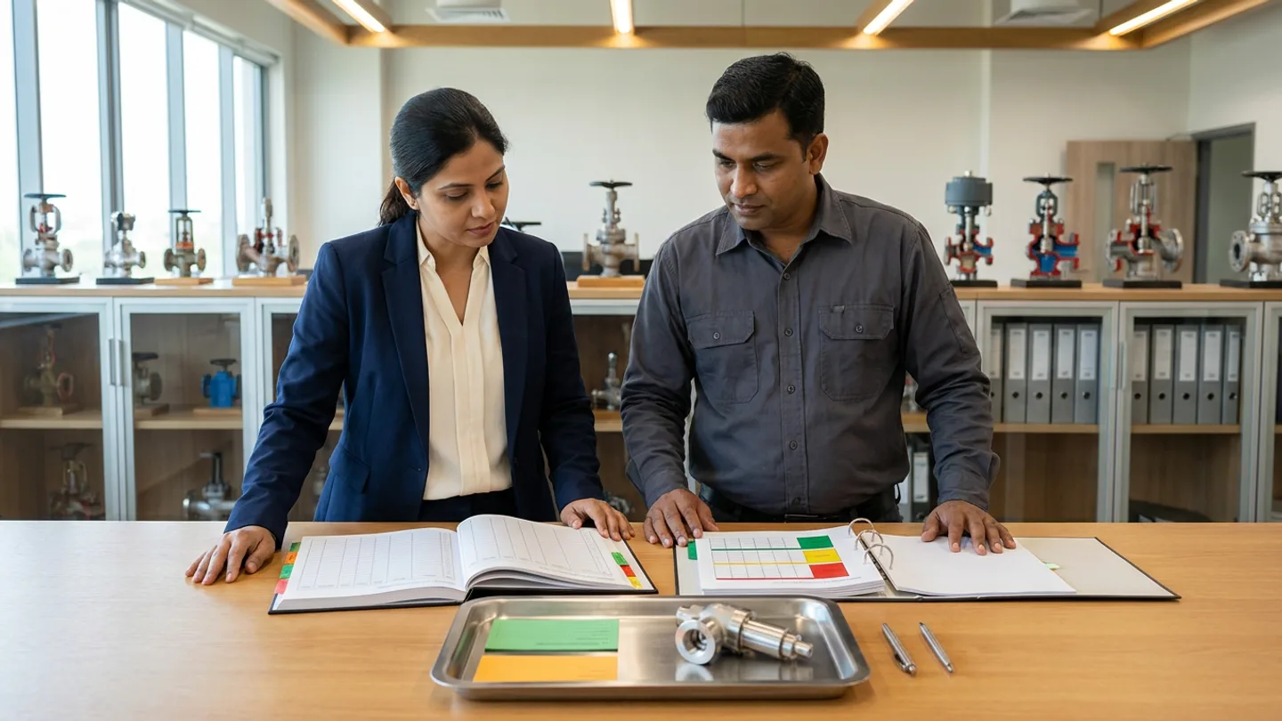 Indian female technical-competence assessor in a navy blazer over a cream blouse and male mechanical-operations supervisor in a charcoal collared work shirt standing at a wide warm oak review table before glass-fronted cabinets holding mechanical valve cutaway training models and plain grey binders, comparing an open hardbound practical-competence assessment and task-authorisation register with colour-coded index tabs against an open ring binder of observed-skill signoff matrices with green, amber, and red status blocks alongside a stainless-steel demonstration tray holding plain green and amber qualification cards, a machined stainless-steel pressure-relief valve subassembly, and two metal pens.