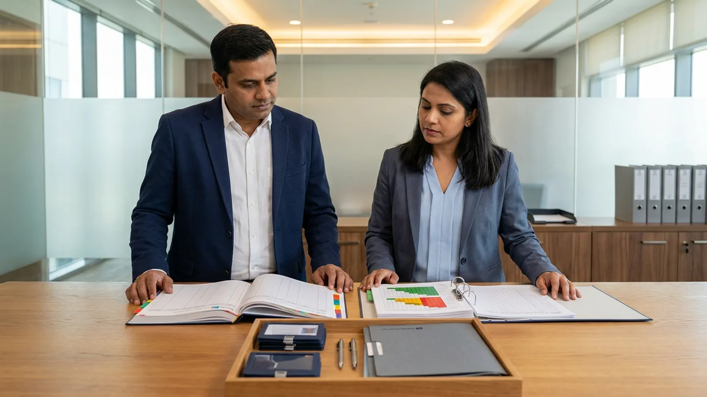 Indian male site-mobilisation controller in a navy blazer over a crisp white shirt and female contractor-compliance lead in a slate-grey blazer over a light-blue blouse standing at a wide warm oak review table before frosted-glass office partitions and walnut storage cabinets holding plain grey binders, comparing an open hardbound contractor mobilisation readiness register with colour-coded index tabs against an open ring binder of role-clearance, medical-fitness expiry, and trade-certification status matrices with green, amber, and red status blocks alongside a wooden tray holding plain navy badge holders, two pens, and closed grey confidential dossier folders.