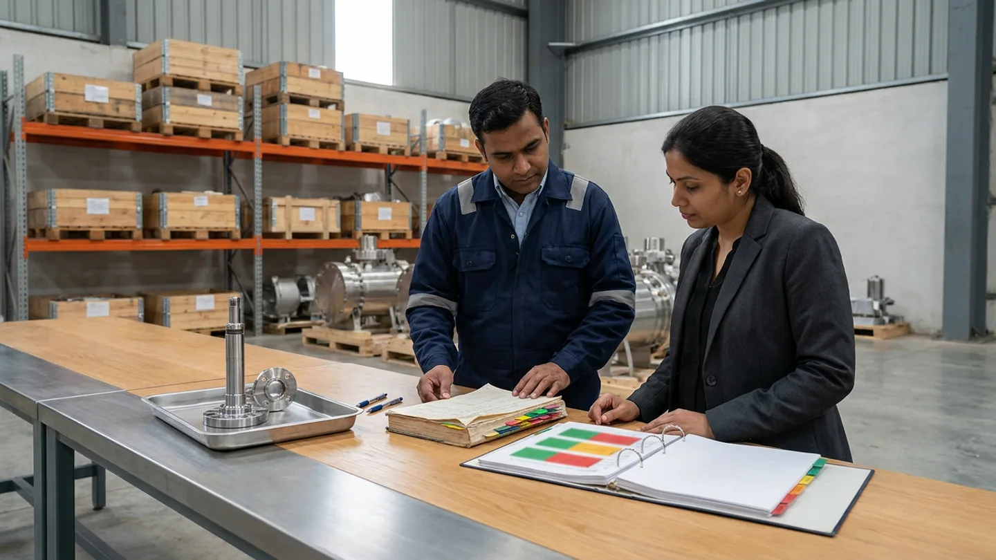 Indian male reliability engineering lead in a navy industrial work jacket over a light-blue collared shirt and female materials-management inventory planner in a charcoal blazer over a black blouse standing at a wide oak and brushed-steel review table in a high-bay oil-and-gas preservation storeroom before heavy-duty orange and grey racking holding wooden preservation crates and stainless-steel valve assemblies on pallets, comparing an open hardbound critical-spares criticality register with colour-coded index tabs against an open ring binder of bill-of-materials evaluation sheets with green, amber, and red status blocks alongside a stainless-steel tray holding a machined stainless-steel valve stem and flange assembly, and two pens.