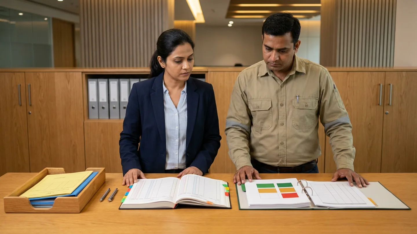 Indian female oilfield contract-verification coordinator in a navy blazer over a light-blue striped shirt and male field-operations superintendent in a khaki collared work shirt with reflective sleeve bands standing at a wide warm oak review table before oak storage cabinets holding plain grey binders and vertical timber wall slats, comparing an open hardbound field-ticket receipt and commercial-approval boundary register with colour-coded index tabs against an open ring binder of rate-schedule and standby-hour verification matrices with green, amber, and red status blocks alongside a wooden tray holding yellow field-acknowledgement dockets over blue commercial-acceptance folders, and two pens.