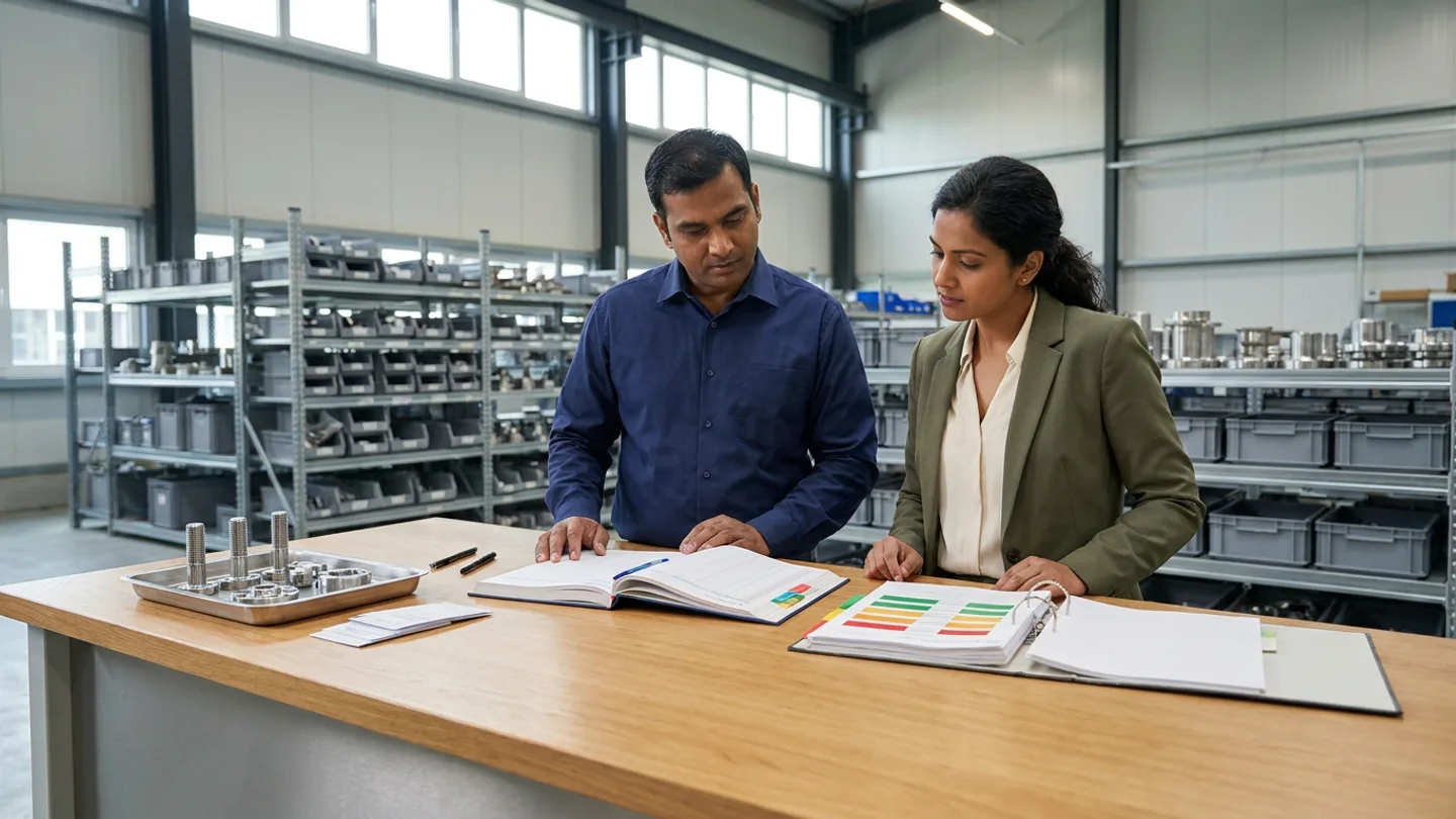 Indian male oil-and-gas storeroom custodian in a navy collared work shirt and female materials-audit controller in an olive-green blazer over a cream blouse standing at a warm oak review table in a high-bay spares storeroom before modular steel shelving holding rows of grey storage bins and machined stainless-steel fittings, comparing an open hardbound physical-bin count and ledger reconciliation register with colour-coded index tabs against an open ring binder of storeroom pilot variance checklists with green, amber, and red status blocks alongside a stainless-steel parts tray holding machined stainless-steel flange stud bolts and couplings, plain white bin cards, and pens.