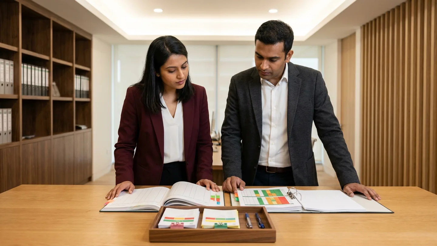 Indian female accounts-payable exception lead in a burgundy blazer over a crisp white blouse and male procurement-settlement analyst in a charcoal blazer over a white collared shirt standing at a wide warm oak review table before walnut shelving units holding plain grey binders and vertical timber wall slats, comparing an open hardbound invoice-exception triage and root-cause register with colour-coded index tabs against an open ring binder of price-variance, quantity-mismatch, and missing-receipt routing matrices with green, amber, and red status blocks alongside a three-slot wooden exception-routing tray holding pink-clipped and green-clipped exception packets and two pens.