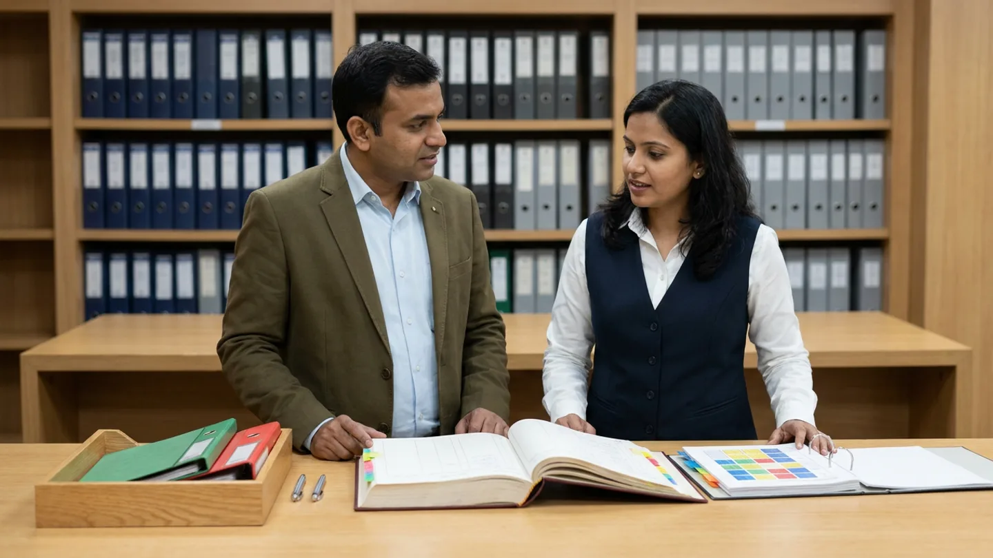 Indian male lead process-standards engineer in an olive-brown blazer and female document-control specialist in a navy vest over a white shirt standing at a light-oak engineering library table before bookcases of navy and grey specification binders, comparing an open hardbound master revision-control register against an open ring binder of citation-grounding matrices alongside an oak tray holding green active and red archived folders.