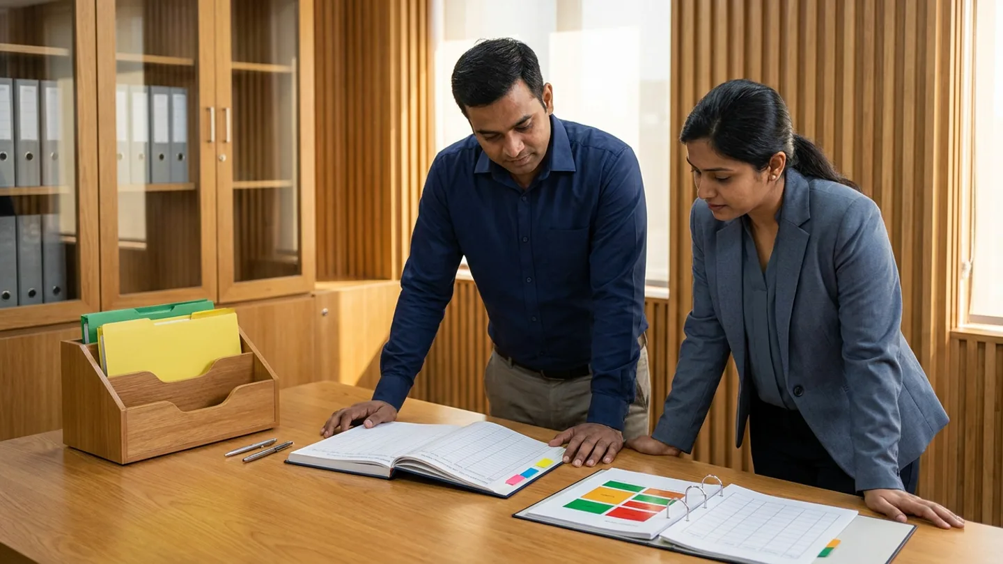 Indian male lead maintenance planner in a navy collared work shirt and khaki trousers and female work-pack readiness coordinator in a slate-grey blazer over a grey-blue blouse standing at a wide warm oak planning table before glass-fronted oak cabinets holding grey binders and vertical timber wall slats, comparing an open hardbound maintenance-backlog triage register with colour-coded index tabs against an open ring binder of spares-availability and scaffold-readiness checklists with green, amber, and red status blocks alongside a two-compartment wooden sorter tray holding yellow approved-work folders and green ready-to-schedule work packs, and two pens.