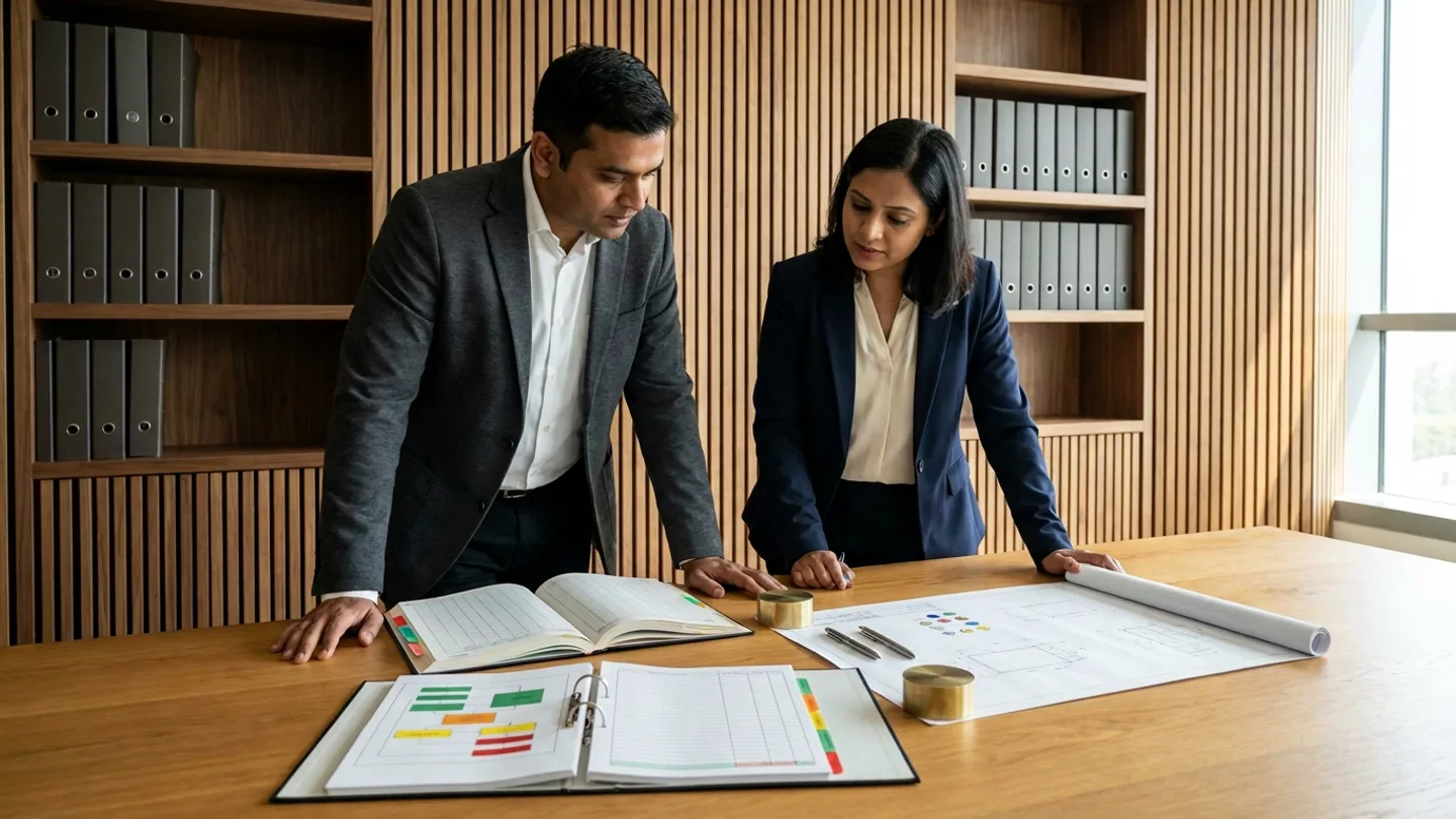 Indian male process-safety lead in a charcoal blazer over a white collared shirt and female technical-document controller in a navy blazer over a cream blouse standing at a wide warm oak review table before walnut shelving units filled with plain dark-grey and light-grey engineering dossier binders and vertical timber wall slats, comparing an open hardbound Management of Change hazard-review and approval register with colour-coded index tabs against an open ring binder of affected-drawing, operating-procedure, and alarm-setpoint update checklists with green, amber, and red status blocks alongside a partially unrolled architectural piping schematic sheet held down by two cylindrical brass paperweights and two metal pens.