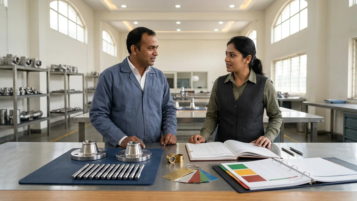 Indian male metallurgical quality inspector in a slate-blue work jacket and female receiving-traceability coordinator in a charcoal vest over an olive shirt at a stainless-and-oak goods-receipt inspection table before racks of machined fittings, reviewing two weld-neck pipe flanges and alloy stud bolts on a navy mat alongside a brass optical loupe, blank colour-coded metal tags on a ring, an open hardbound heat-batch ledger, and a verification binder.