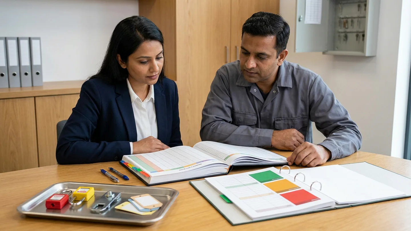 Indian female permit-to-work governance lead in a navy blazer and male field-isolation coordinator in a slate-grey work shirt seated at an oak review table before binder cabinets and a wall key-control cabinet, comparing an open hardbound permit lifecycle audit register against an open ring binder of isolation and gas-test control matrices alongside a stainless lockout-tagout tray holding red and yellow safety padlocks, a steel multi-lock hasp, and blank colour-coded tags.