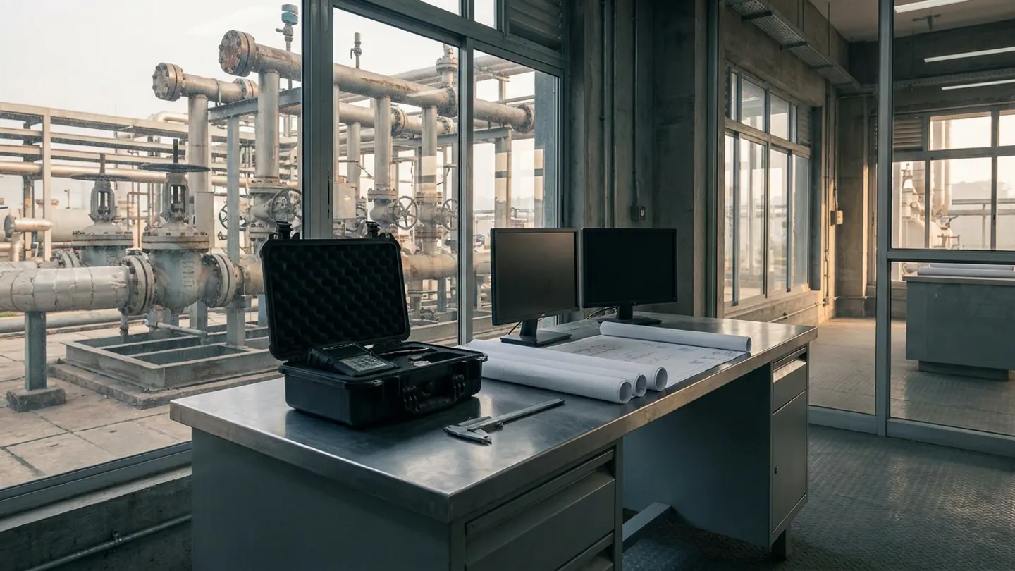 Brushed-steel engineering workbench with an open rugged instrument case holding a handheld gauge, a stainless Vernier caliper, rolled blueprints and two dark monitors overlooking outdoor flanged steel process manifolds and gate valves.