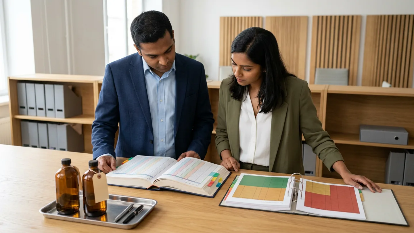 Indian male hydrocarbon allocation accountant in a navy blazer over a crisp light-blue shirt and female metering-reconciliation engineer in an olive-green blazer over a white blouse standing at a wide warm oak review table before oak shelving units holding plain grey binders and vertical timber wall panels, comparing an open hardbound daily production-balance and prior-period adjustment register with colour-coded index tabs against an open ring binder of well-test, separator-allocation, and custody-transfer variance matrices with green, amber, and red status blocks alongside a stainless-steel sample tray holding two sealed amber glass crude-oil sample bottles with plain kraft tie tags and two pens.